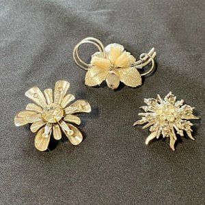 Vintage Metal Brooches Silver Toned with Bling Lot of 3